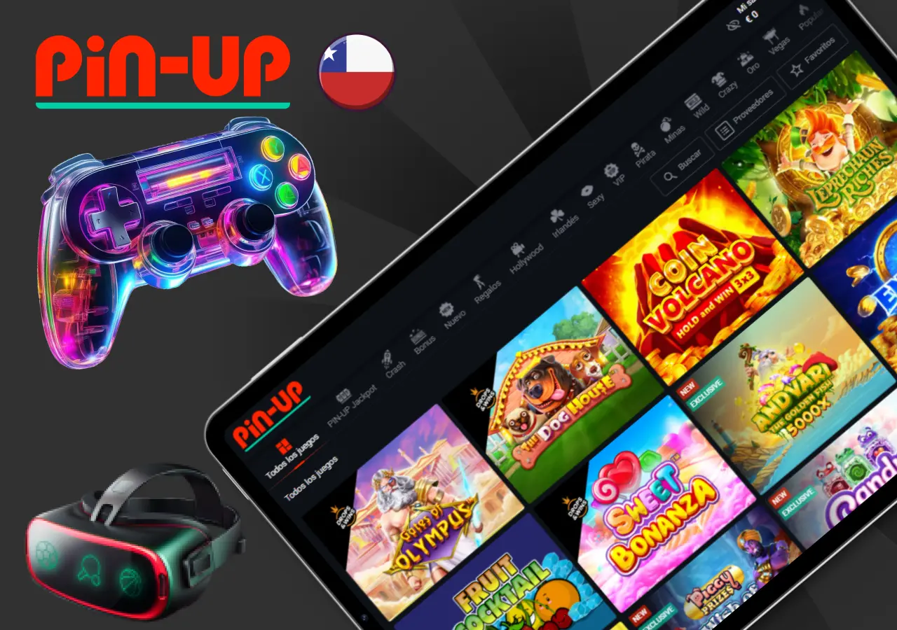 Interfaz de juegos de casino en la aplicación Pin-Up Chile, con diferentes opciones de entretenimiento