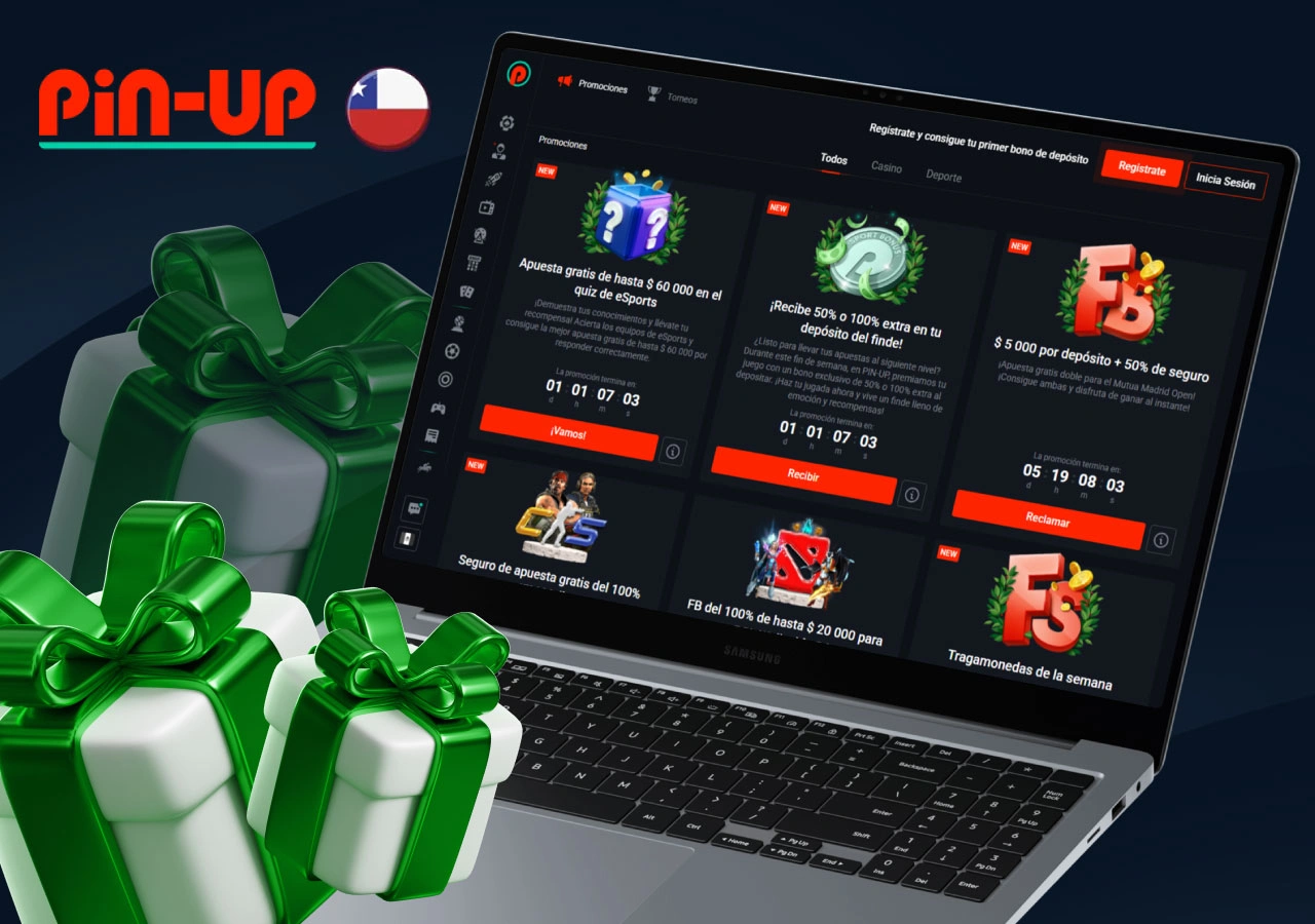 Captura de pantalla de la página de Pin-Up Casino con los bonos disponibles